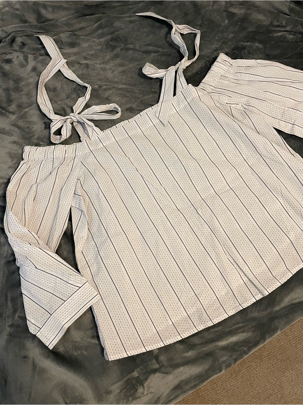 White Striped Off-Shoulder Tie-Shoulder Top